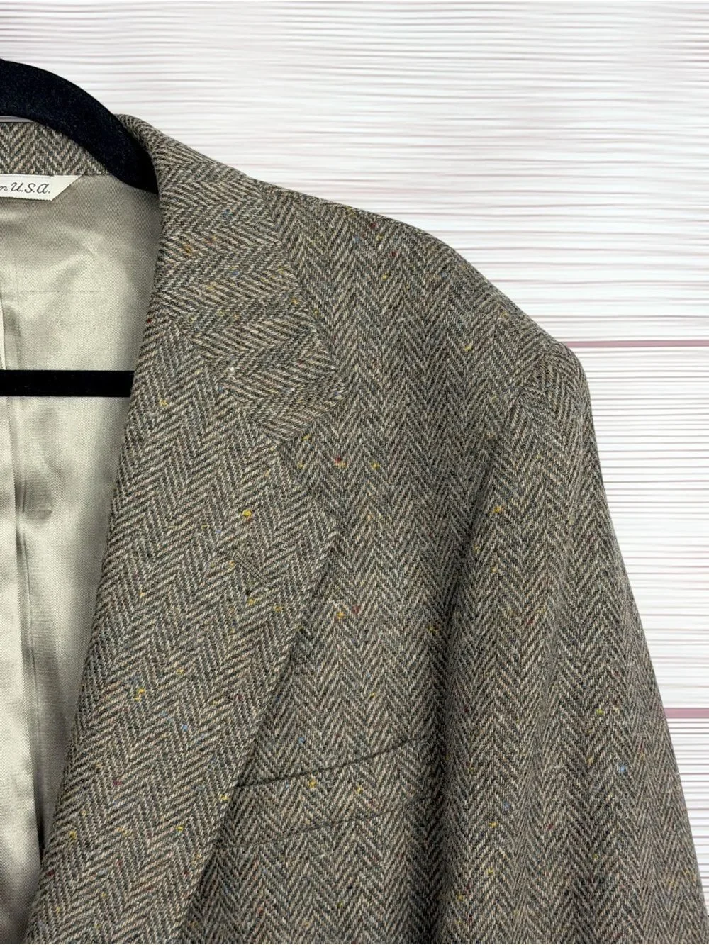Stafford 44L Herringbone Tweed Sport Coat Wool Lambswool Suede Elbow Patches USA